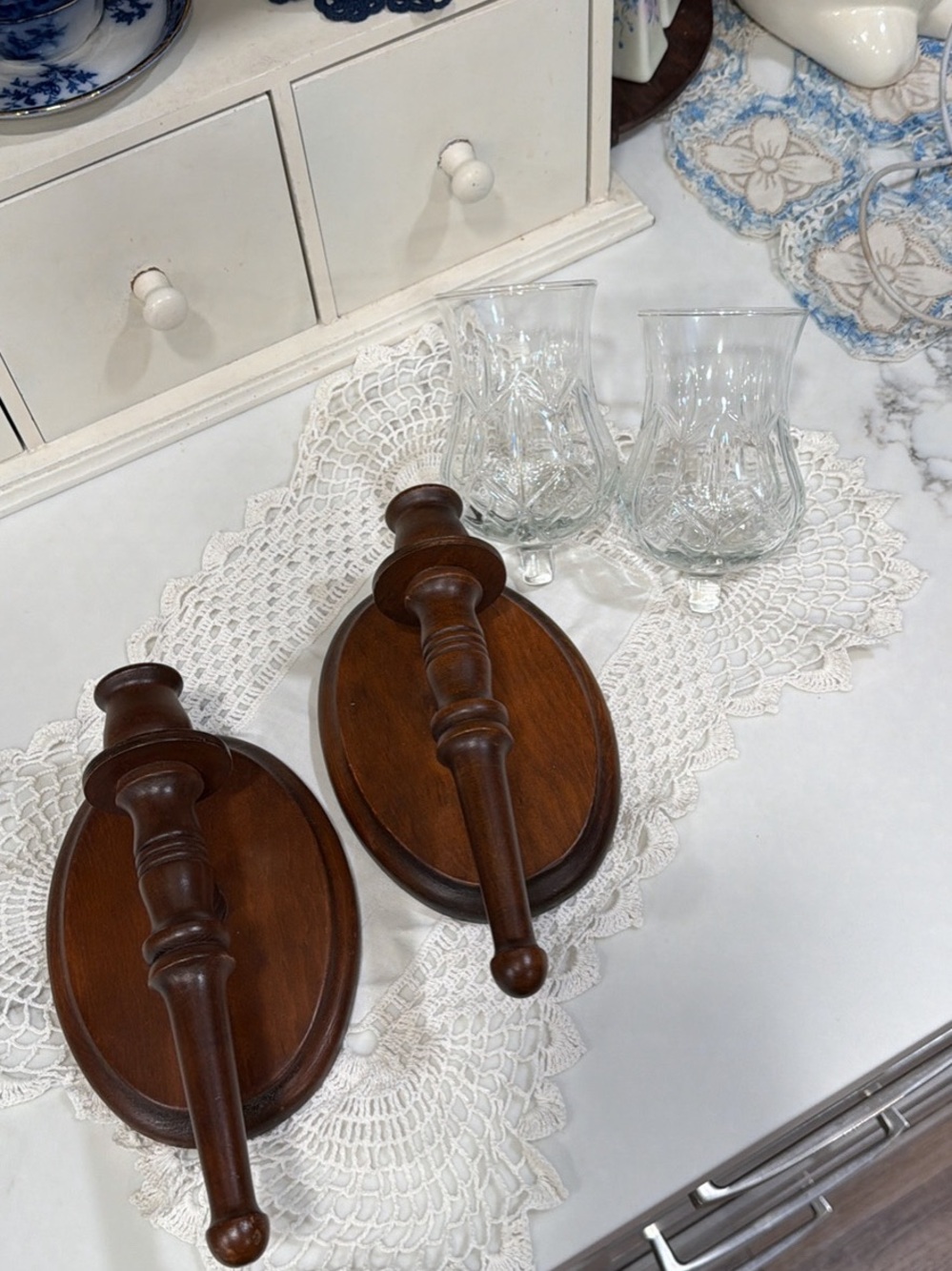 Classic Walnut Wood Wall Sconces with Glass Candle Holders - Pair